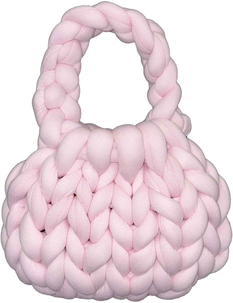Borsa V-BAG rosa confetto intrecciata a mano, con manico